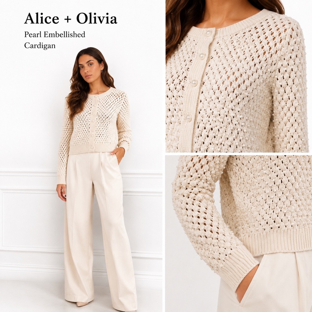 Alice + Olivia Cream Pearl Embellished Cardigan C410712910 Large